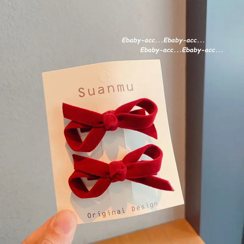Hair Clips Hair Ties Velvet Bow Wine Red Korean Style Princess Ponytail Side Bangs Non Slip Gentle Grip for Girls Kids Daily