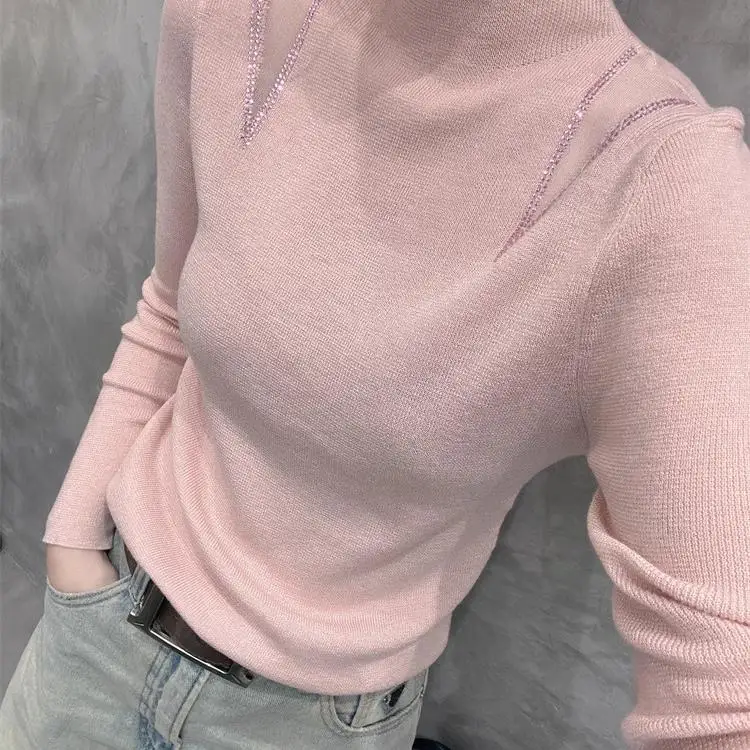 

Женская облегающая вязаная кофта с кружевными вставками и высоким воротником, осенне-зимняя, модная, для офиса, с длинным рукавом