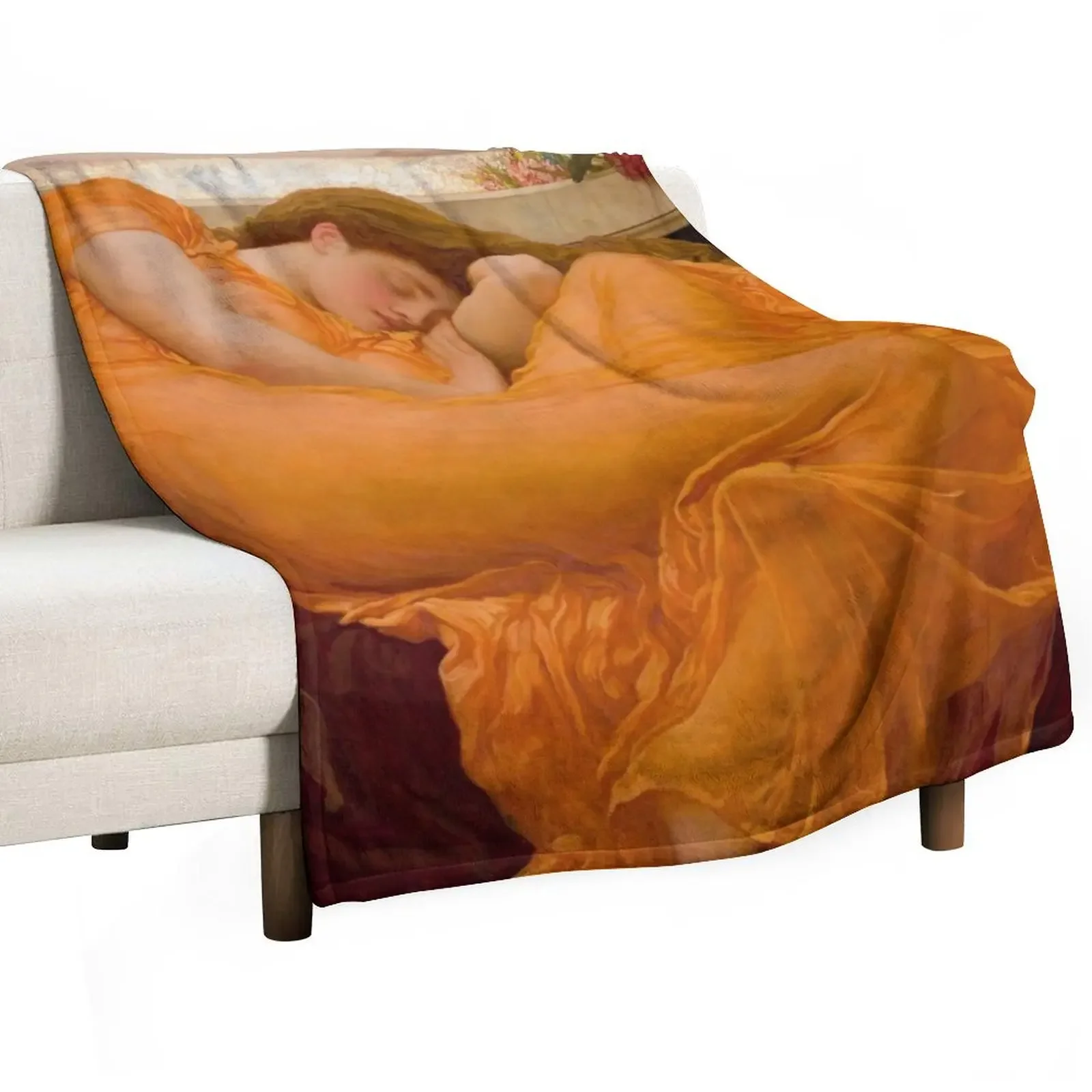 Flaming June Oil Painting by Frederic Lord Leighton Throw Blanket wednesday Weighted Beach Quilt Furry Blankets