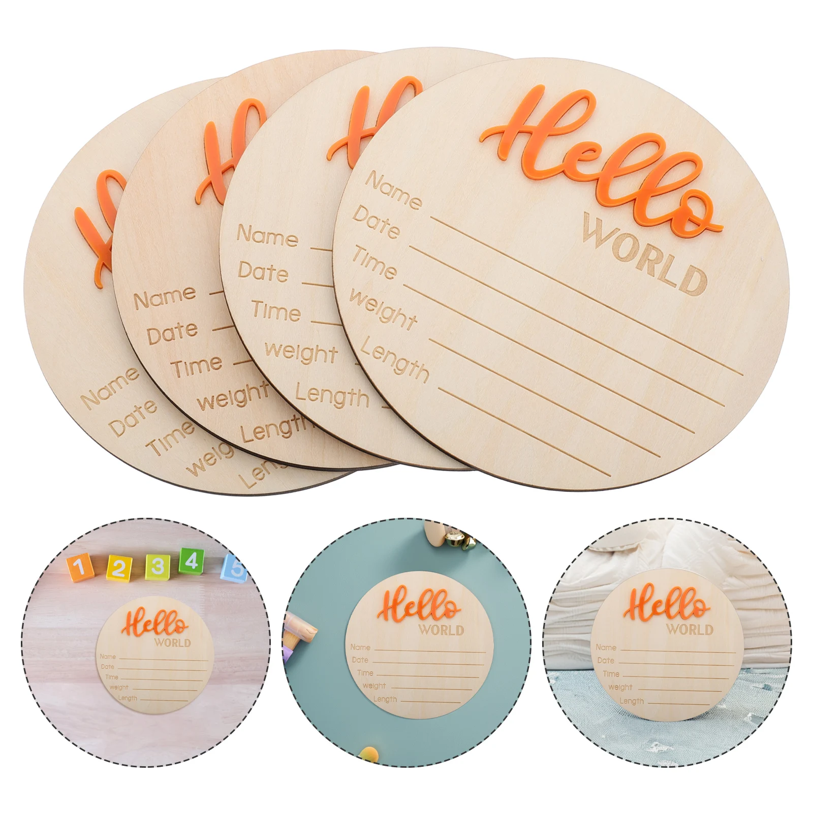 

4Pcs Baby Birth Announcement Card Wooden Round Newborn Welcome Sign For Photo Props Nursery Decor