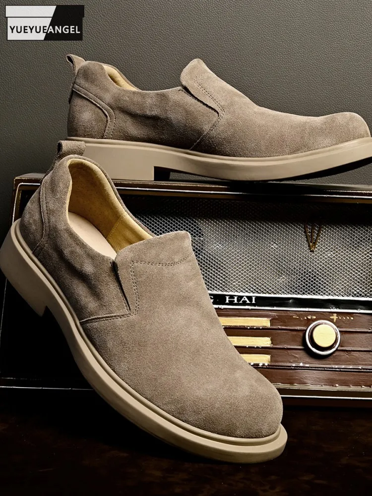 

Винтажные мужские туфли из натуральной коровьей замши, деловая рабочая официальная обувь, осенние лоферы без шнуровки с круглым носком и низким вырезом, модельные туфли для свадебной вечеринки