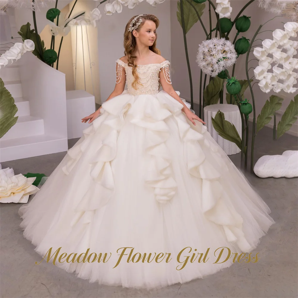 Meadow Off White Children Birthday Wedding Dresses Off The Shoulder Flower Girl Dress Pearl Tassel Modest Princess Girls Dress