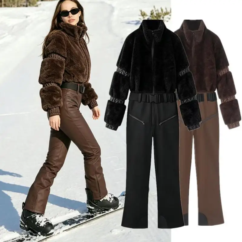 Maxdutti Nordic Winter Women's Fashionable Overalls Woman Clothing Warm Fur Patchwork Zipper Jumpsuit With Thick Fur Ski Suit