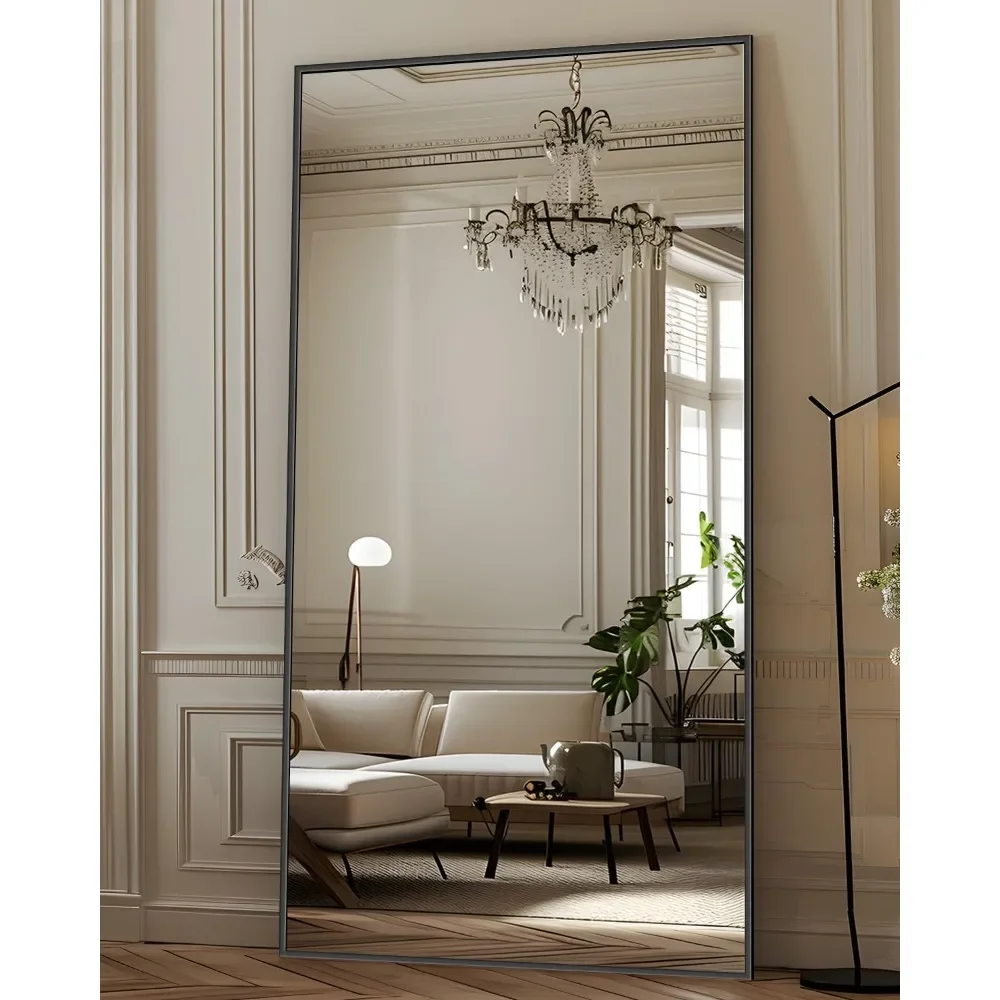 Miroir de sol pleine longueur avec support, grand miroir mural arqué noir, 71 po × 28 po