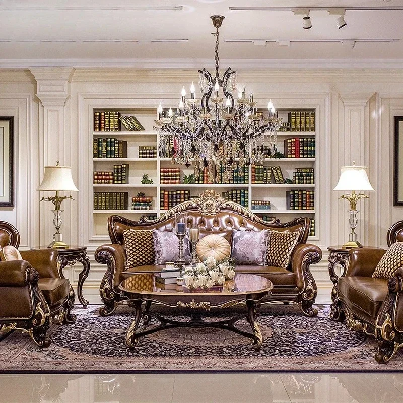 European living room neoclassical solid wood pure hand-carved luxury leather three-person sofa combination