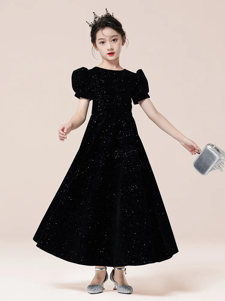 Black Bridesmaid Dresses Sequin Puff Sleeve Girls Flower Girl Dresses Ball Gown Kids Wedding Party Pageant First Communion Gown