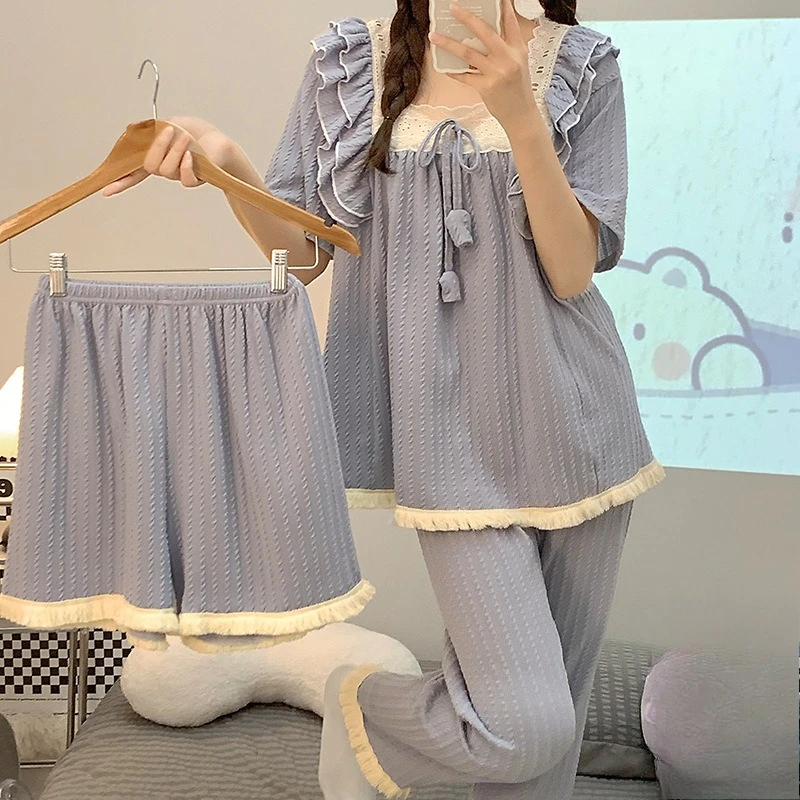 Summer Autumn Women Plus-size Long Pants Short Three-piece Set Girl Student Lace-trimmed Pajama Set Woman Loungewear Casual Lady