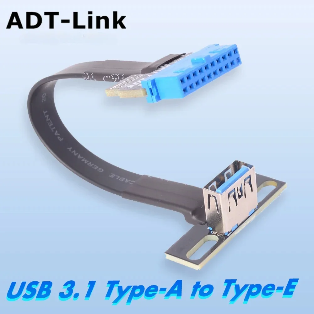 ADT-Link USB 3.0 مقبس أنثى USB-A مزدوج إلى رأس داخلي 19/20Pin ذكر قابل للطي 90 °   كابل تمديد الشريط المسطح مع فتحات لولبية