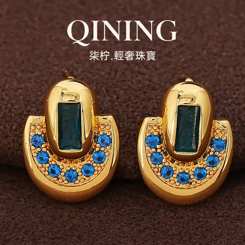 Persian ruins, retro micro-inlaid geometric oval stud earrings, court-style eye-catching earrings, light luxury niche