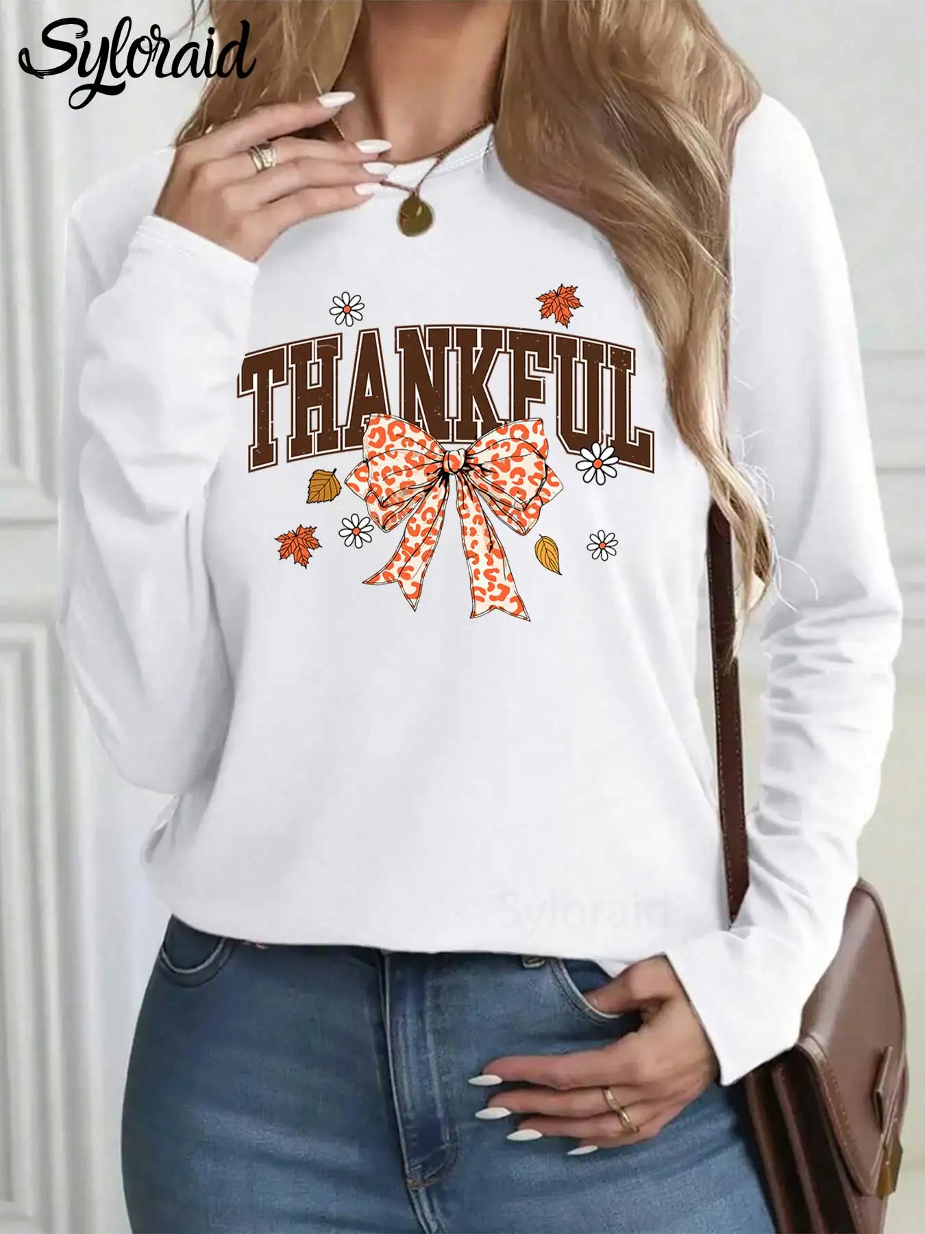 レディース長袖Tシャツ感謝の気持ちを込めたリボンプリントTシャツかわいい感謝祭秋シャツファッションラウンドネックカジュアルトップ