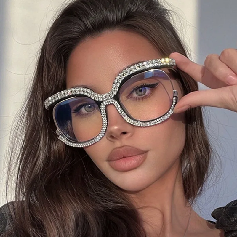 Inlaid diamond cat eye glasses frame anti-blue light 2024 new Europe and the United States fashion large frame trend decorative