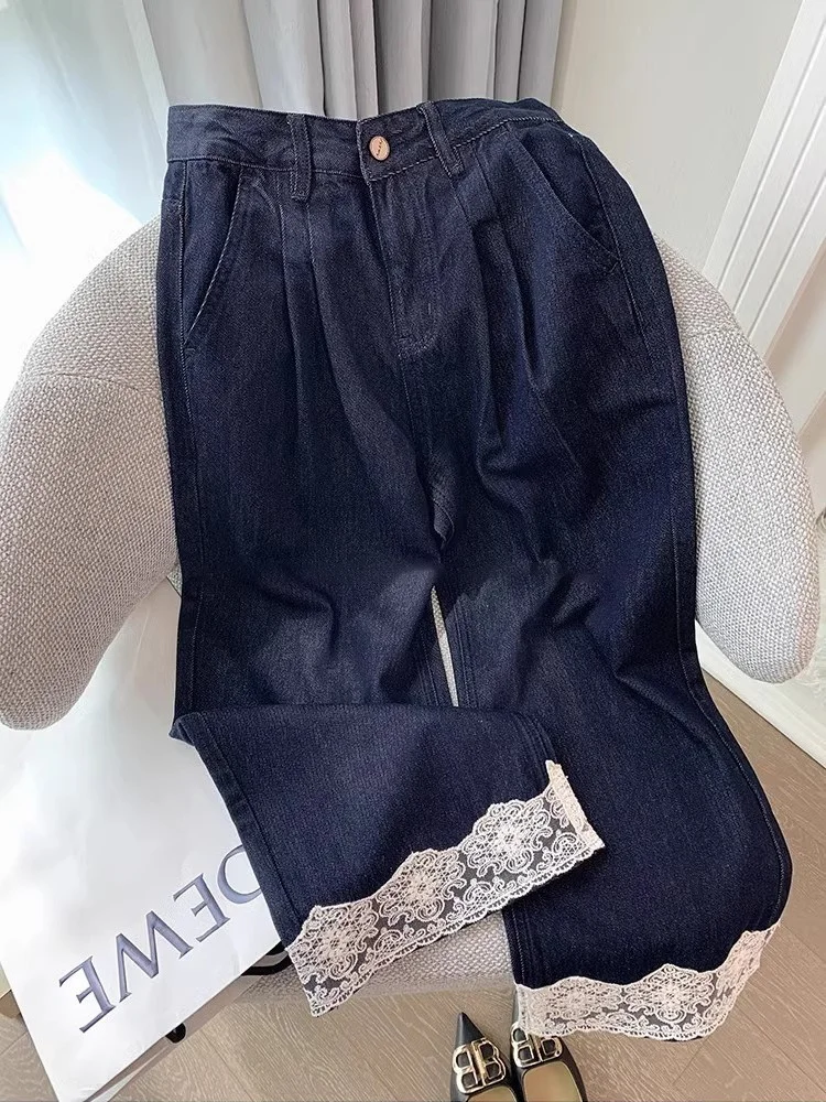 

Лоскутные кружевные джинсы с высокой талией для мужчин и женщин, летние модные свободные прямые брюки, узкая версия, повседневные джинсовые брюки с высокой талией