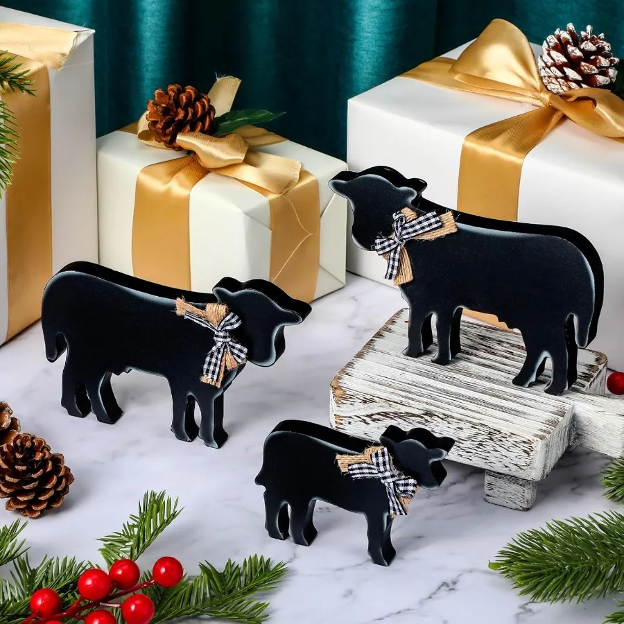 3 pçs de madeira vaca decoração de mesa de natal fazenda estatuetas de vaca decoração para cozinha prateleira ocidental país decorações de natal f