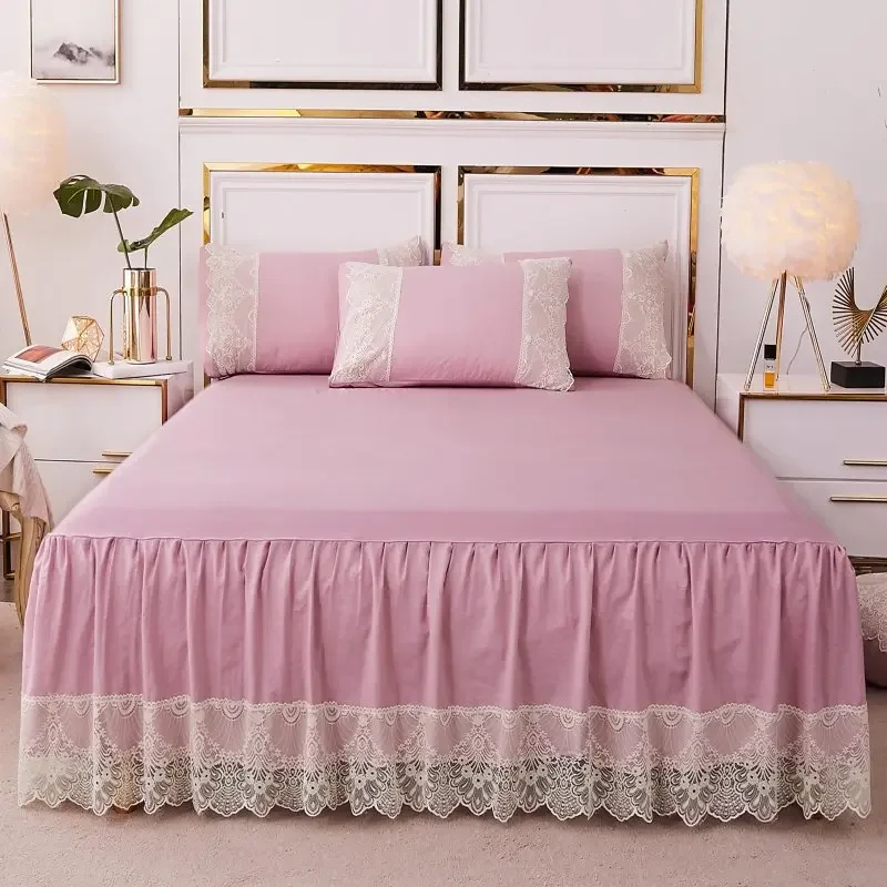 Solid Color Bed Skirt with Lace,Elastic Wrap Around Bedding Skirt,Solid Pleated Dust Ruffle Bedskirt Hotel Quality Bedroom Decor