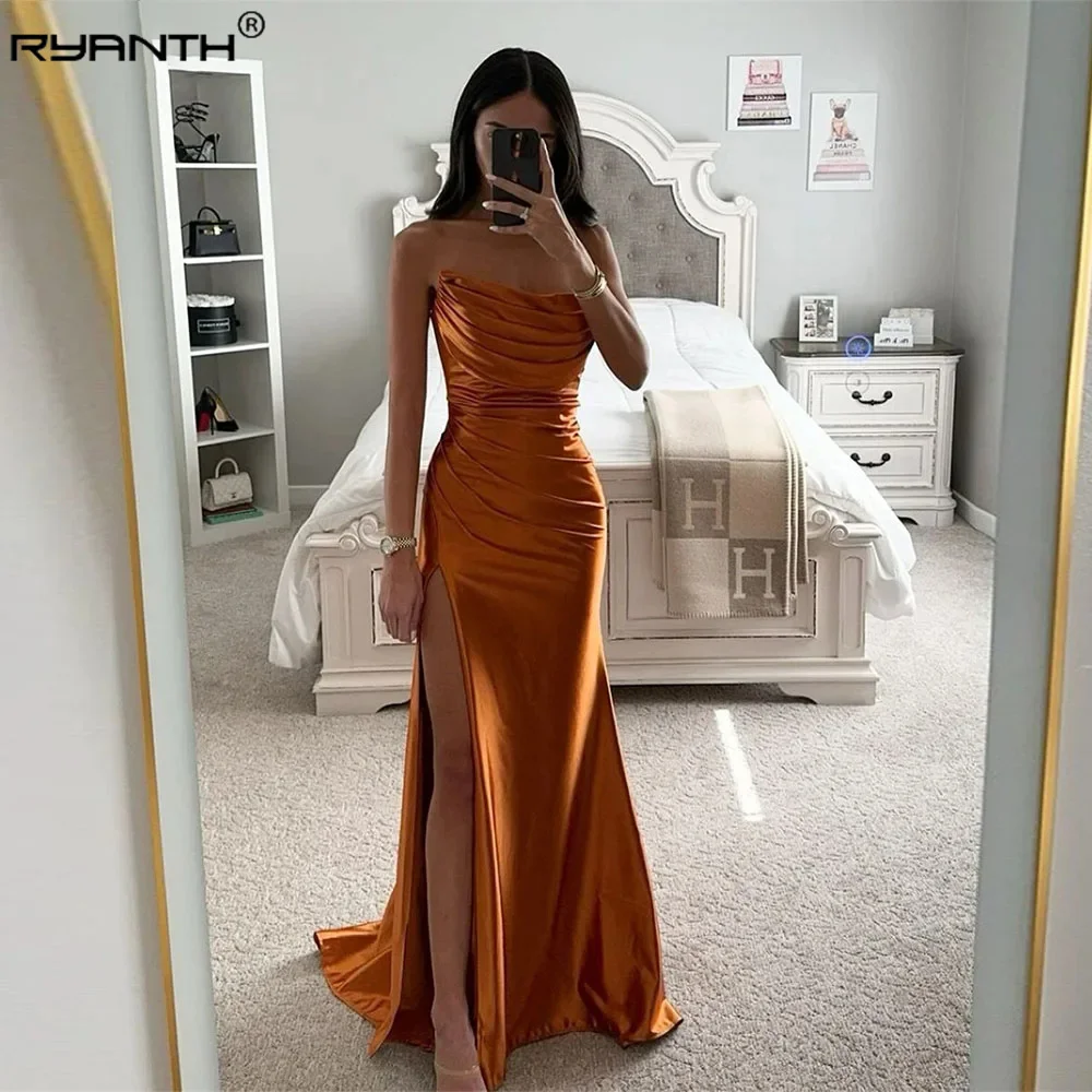 Ryanth Zeemeermin Prom Dress Vrouwen Strapless Zomer Vakantie Jurk Oranje Lange Avondjurken Rugloze Plooi Vestidos Para Mujer