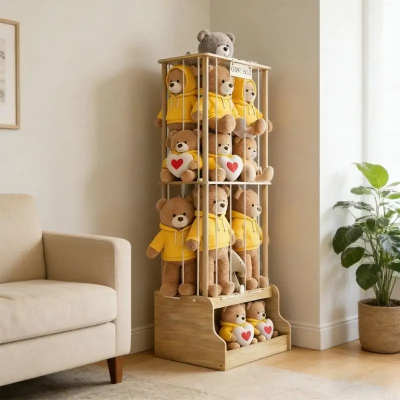 Large Capacity Wooden Toy Rack for Plush Animals 2 in 1 Design Stable Base Tip Child Friendly 87HA