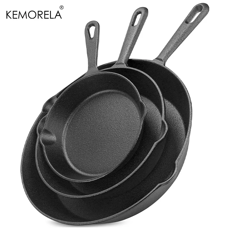 3PCS 16/20/26CM Frying Pan Cast Iron Uncoated Black Suitable For Fried Food Cooking And Stir-Frying Kitchen Cooking Utensils