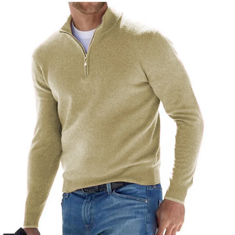 New Autumn Long-sleeved V-neck Cashmere Zipper Men's Casual Top Polo Shirt 2025