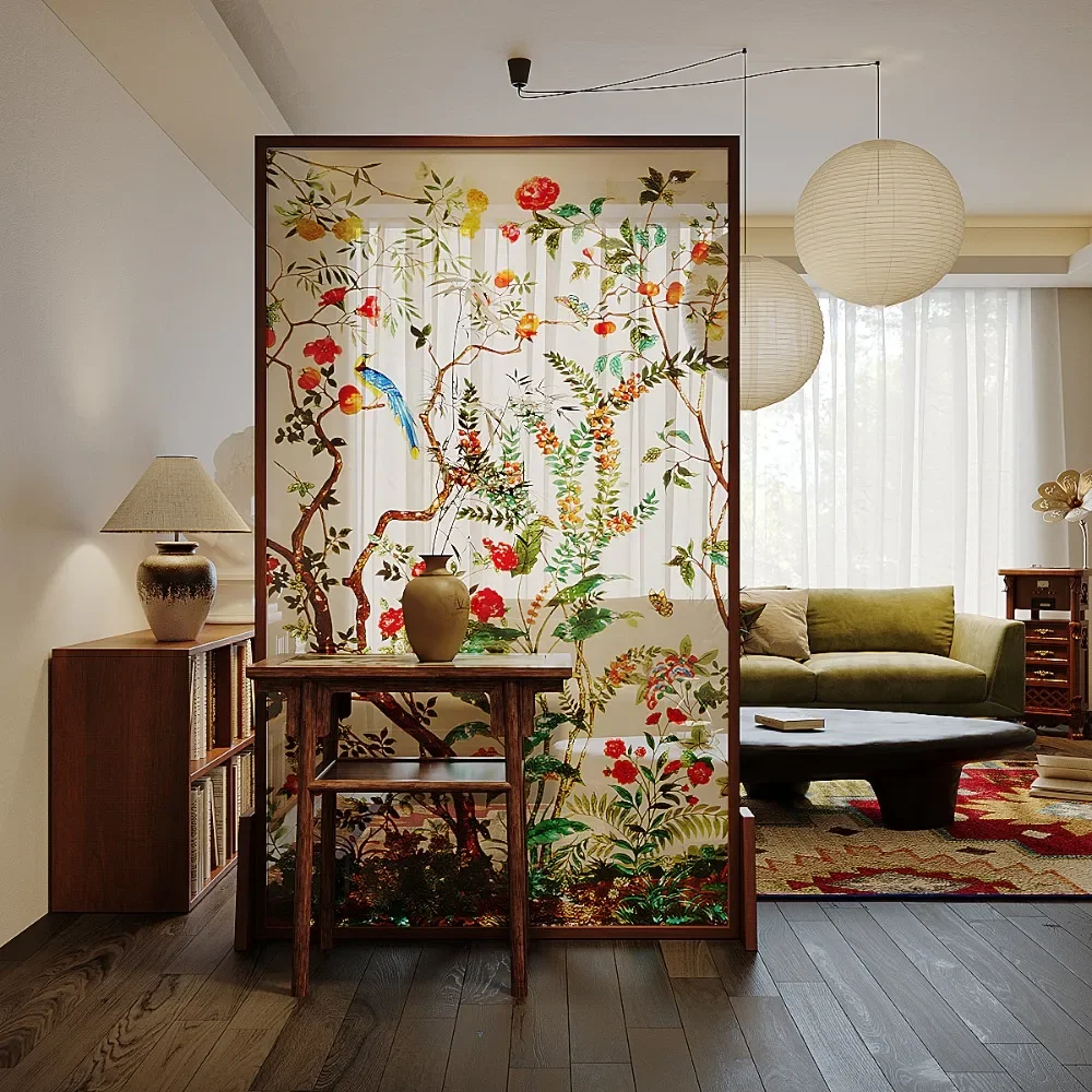 Screen partition living room mobile entrance art glass entrance door modern simple flower and bird solid wood small seat screen