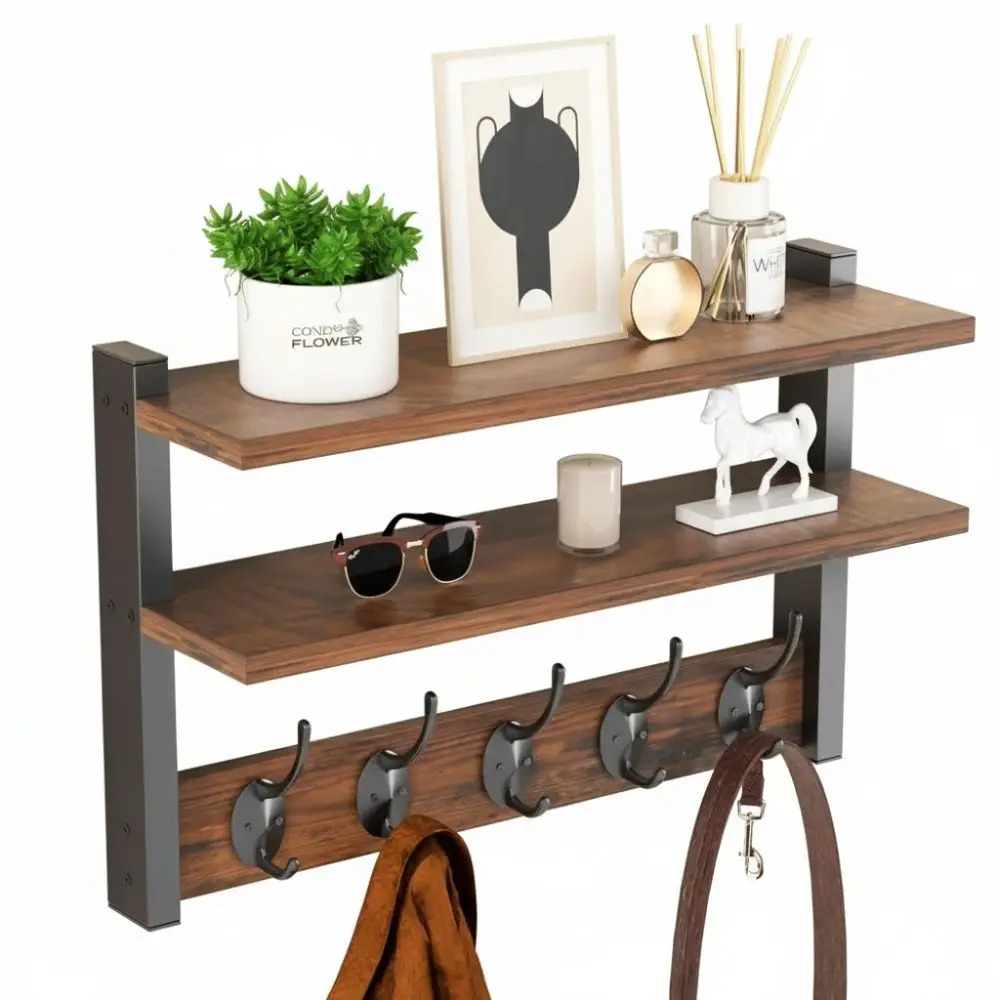 

Новая прочная настенная двухъярусная вешалка для одежды с крючками, компактная настенная полка, деревянная вешалка для шляп в деревенском стиле для спальни, гостиной