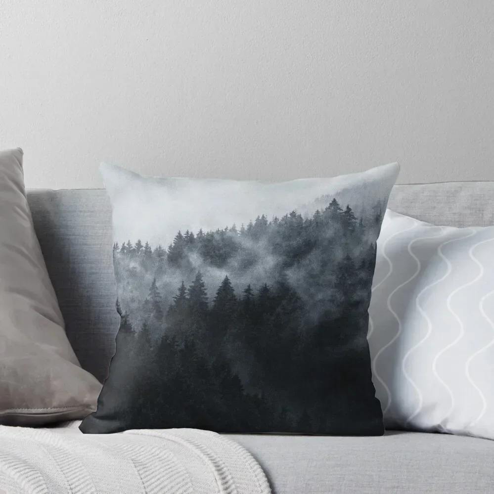 

Excuse Me, I'm Lost // A New Error In A Misty Wilderness Fairytale Forest With Cascadia Trees Covered In Dark Blue Throw Pillow