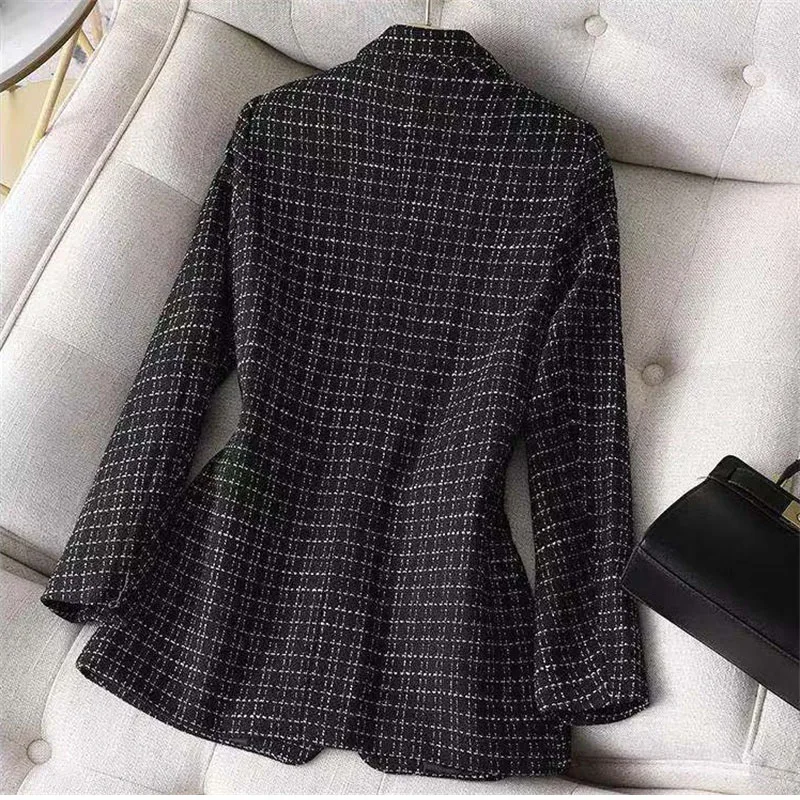 Blazer à carreaux à manches longues pour femmes, veste décontractée, manteau imbibé, tempérament chic, classique, élégant, bureau, mode, nouveau,