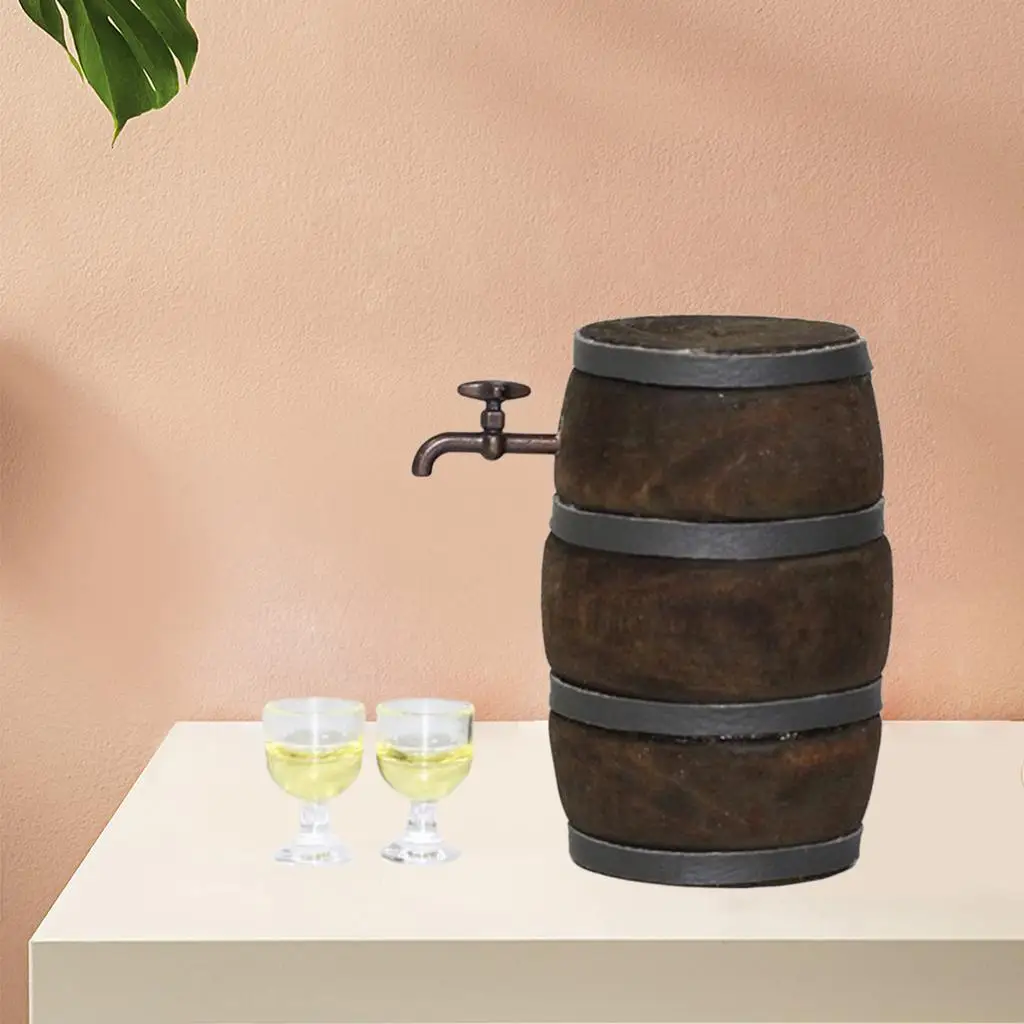 บาร์เรลไวน์จิ๋วสำหรับบ้านตุ๊กตา ถังเบียร์ไม้จิ๋ว เฟอร์นิเจอร์บาร์ครัวบ้านตุ๊กตา อุปกรณ์ตกแต่งสำหรับสเกล 1:12