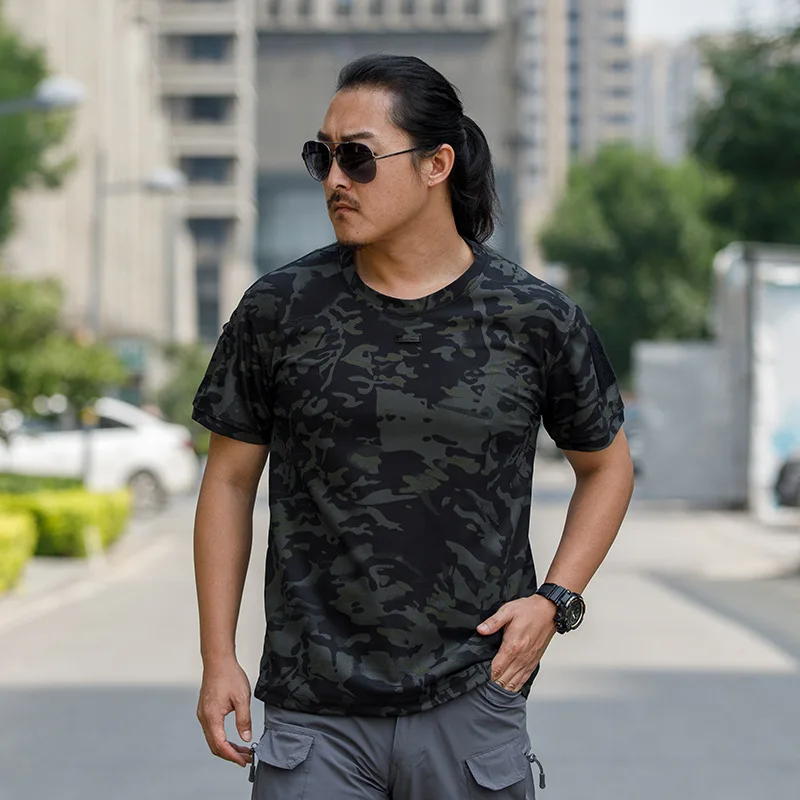 Quick Dry Tactical T-Shirt for Men Short Sleeve Breathable Tee with Patch Pocket for Outdoor Hiking Hunting Military Work Tops