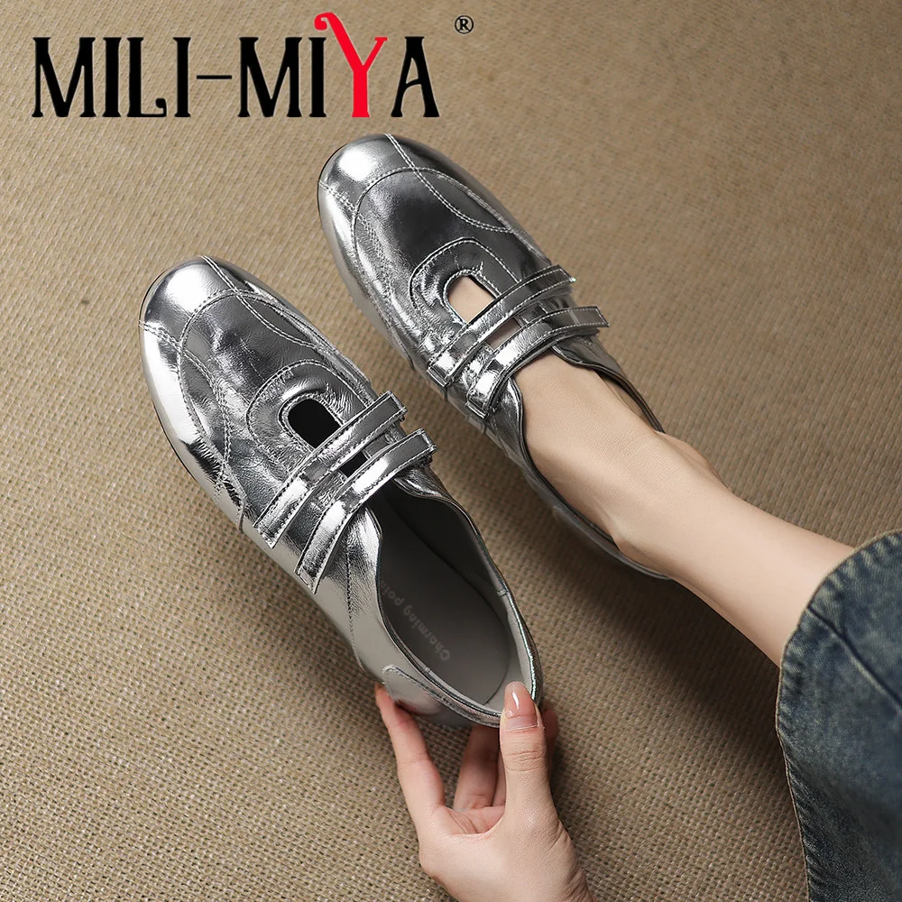 MILI-MIYA Women Flats Heels Leisure Fashion Round Toe Vulcanized Genuine Leather Casual Manual Made Shoes Large Size 34-42