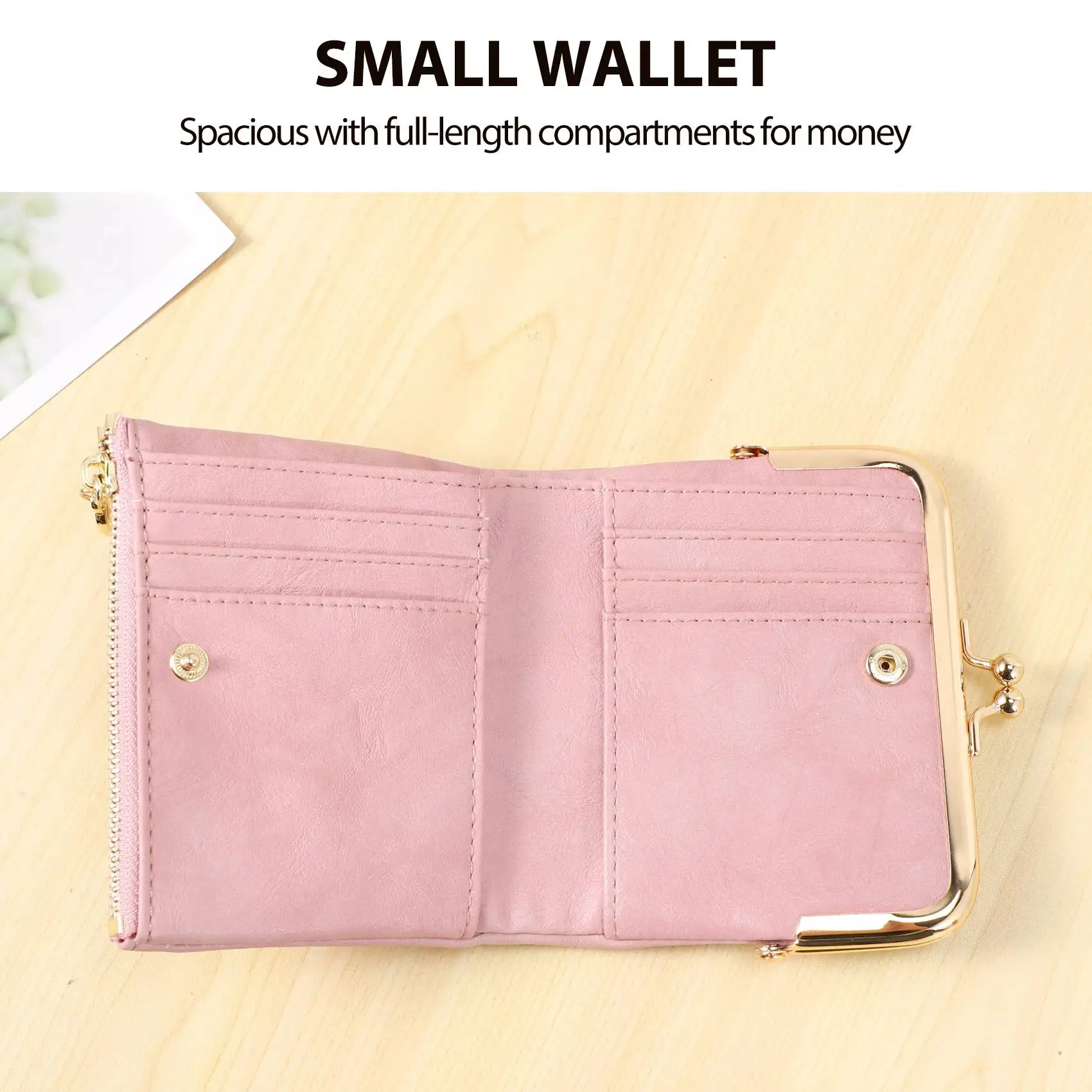 ABQR Women's Short Wallet Bifold Retro Multifunction Coin Purse with Zip and Kiss Lock Pink