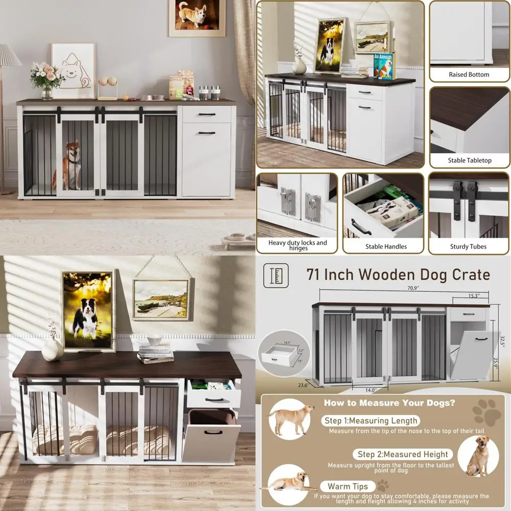 

Large Wooden Dog Crate for Large Breeds, 71 Inch with Tilt-Out Trash Cabinet, Drawers, Divider, Sliding Barn Door Design