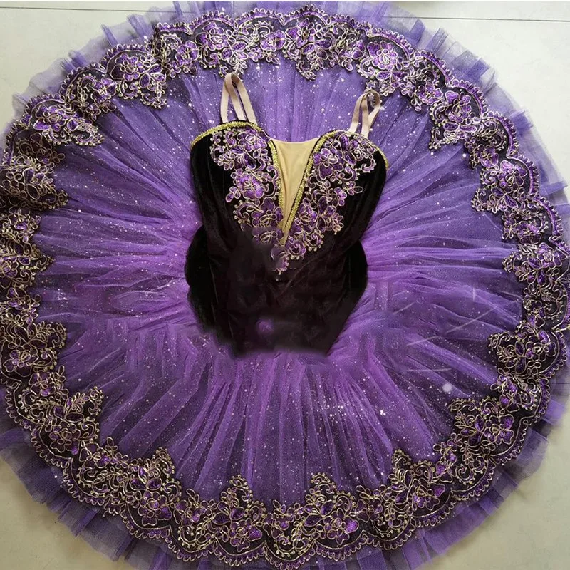 Tutú de Ballet profesional púrpura oscuro para niñas y mujeres, disfraces de baile del lago de los cisnes, vestido de actuación de panqueques de la bella durmiente