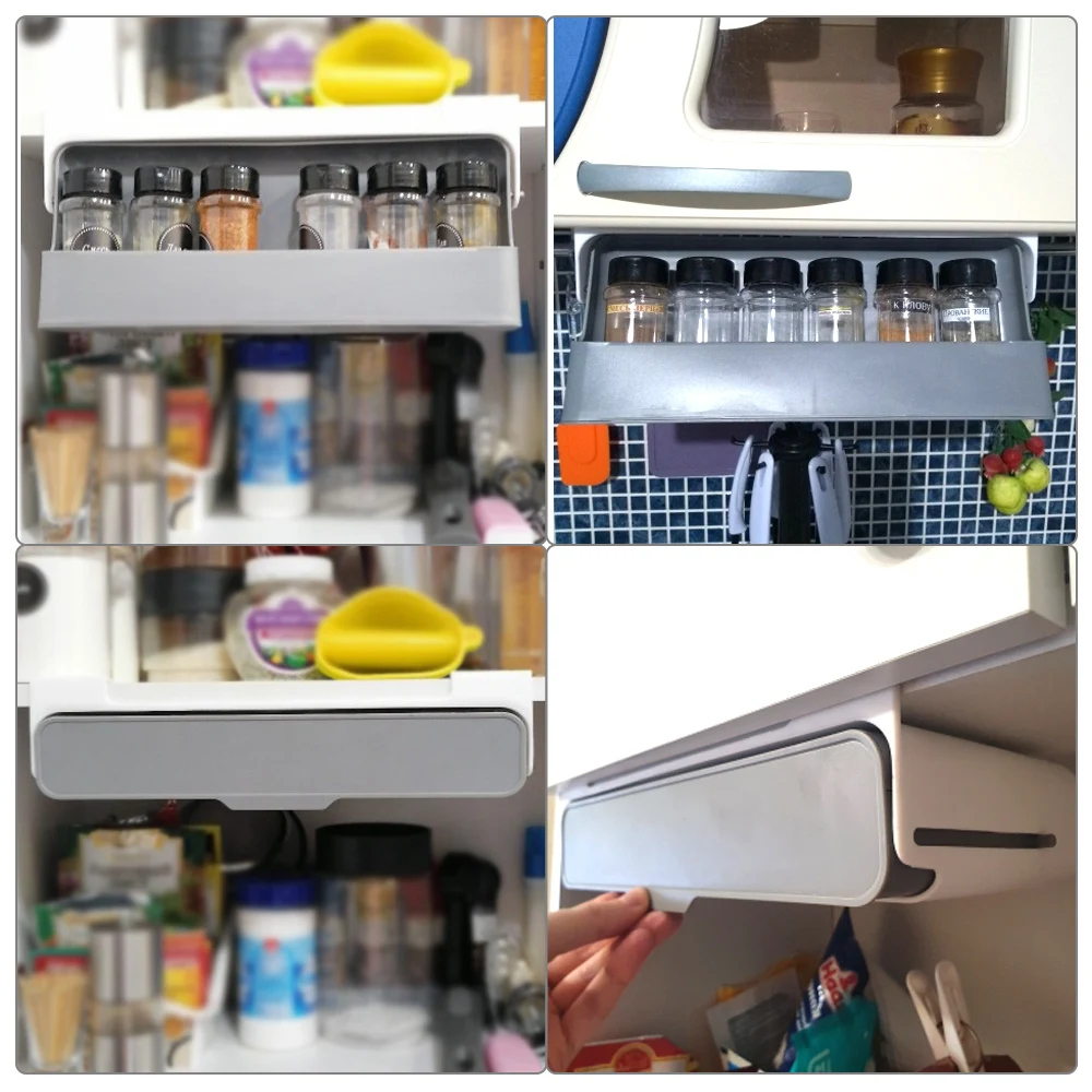 Under Desk Drawer Hidden Kitchen Supplies Storage Spice Bottle Storage Rack Self-adhesive Seasoning Bottle Organizer Rack