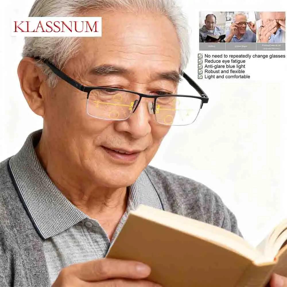 

KLASSNUM Smart Zoom progressive Half Frame Reading Glasses Men Women Metal Far Near Use Magnifing Glasses Presbyopic +1.5 +4.0