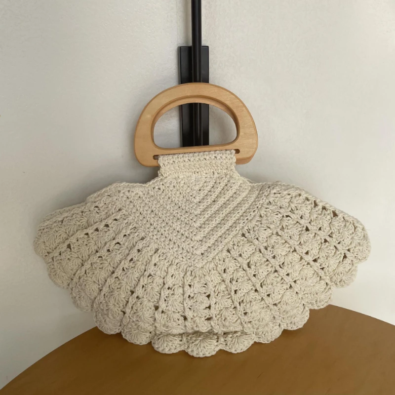 

Плетеная сумка-тоут с деревянной ручкой, ручной работы, с ажурным дизайном, женская пляжная сумка для отпуска, шикарная сумка через плечо в богемном стиле