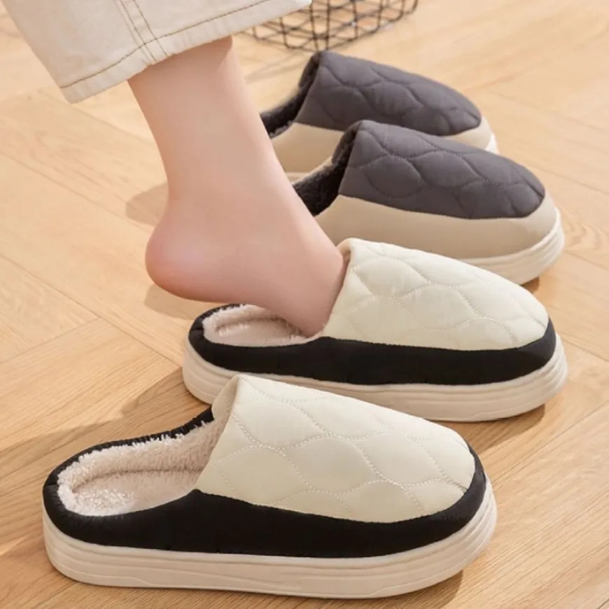 

Warm Men Slippers New Home Waterproof Shoes Couples Fluffy Flats Women Bedroom Plush Slipper Thick Sole Anti-slip Furry Slides