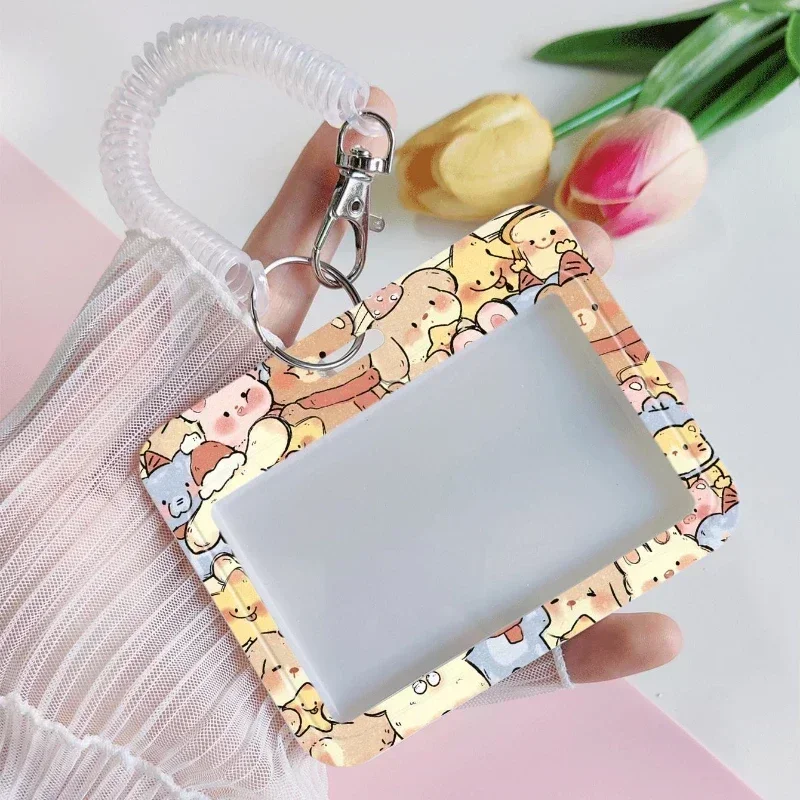 Cartoon Cute Animal Pattern Card Holder with Retractable Spring Cord Suitable for Student Bus Card Meal Card Protection Case