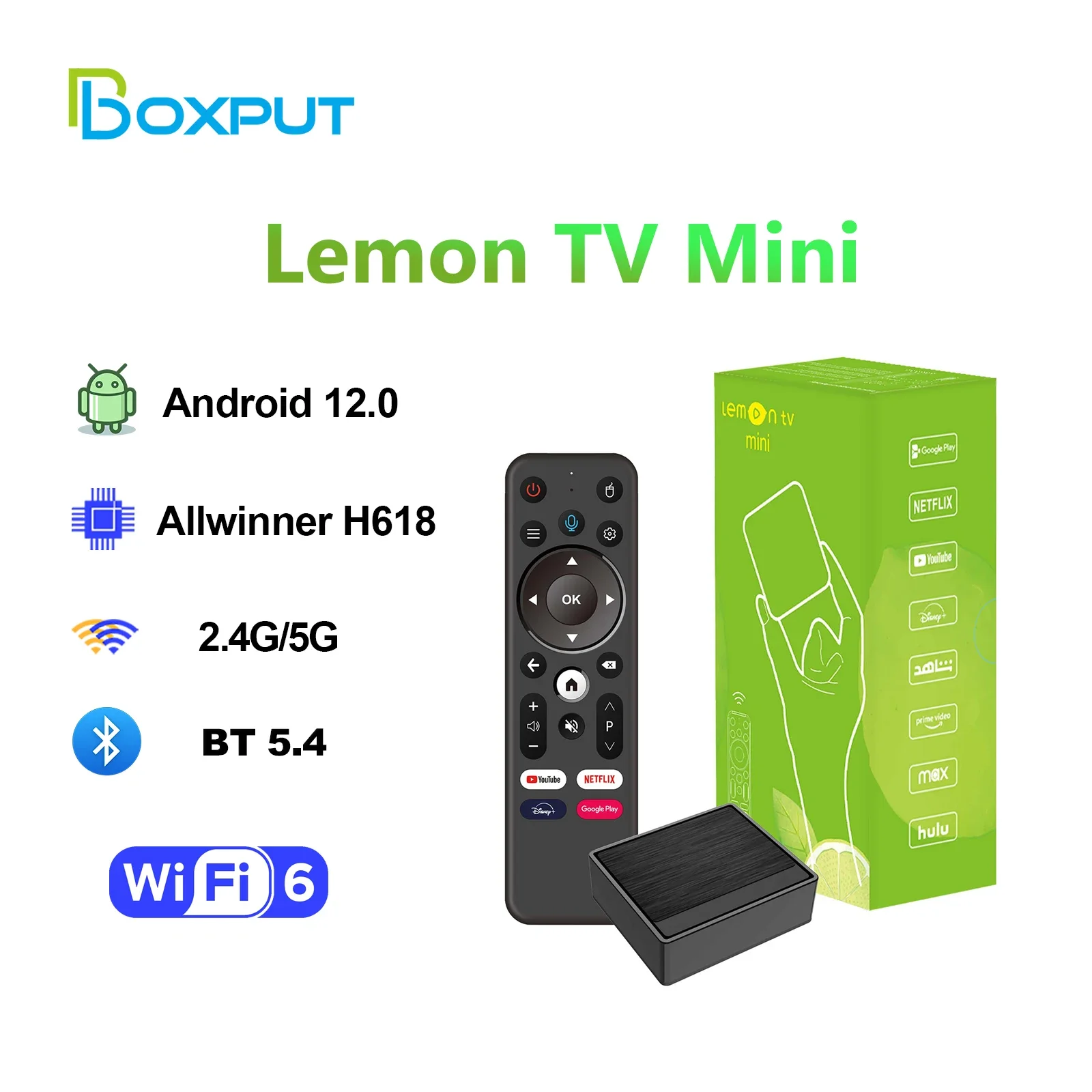 BOXPUT Lemon Mini TV Box Android 12 Allwinner H618 4K HDR Media Player Dual‑Band WiFi 2.4G 5G Bluetooth 5.4 Voice Remote Control