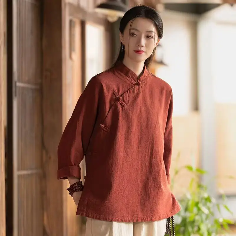 

Retro Cotton Linen Women's irt Stand Collar Button up High End Chinese Sle Zen Tea Service Side Button Spring New Arrival