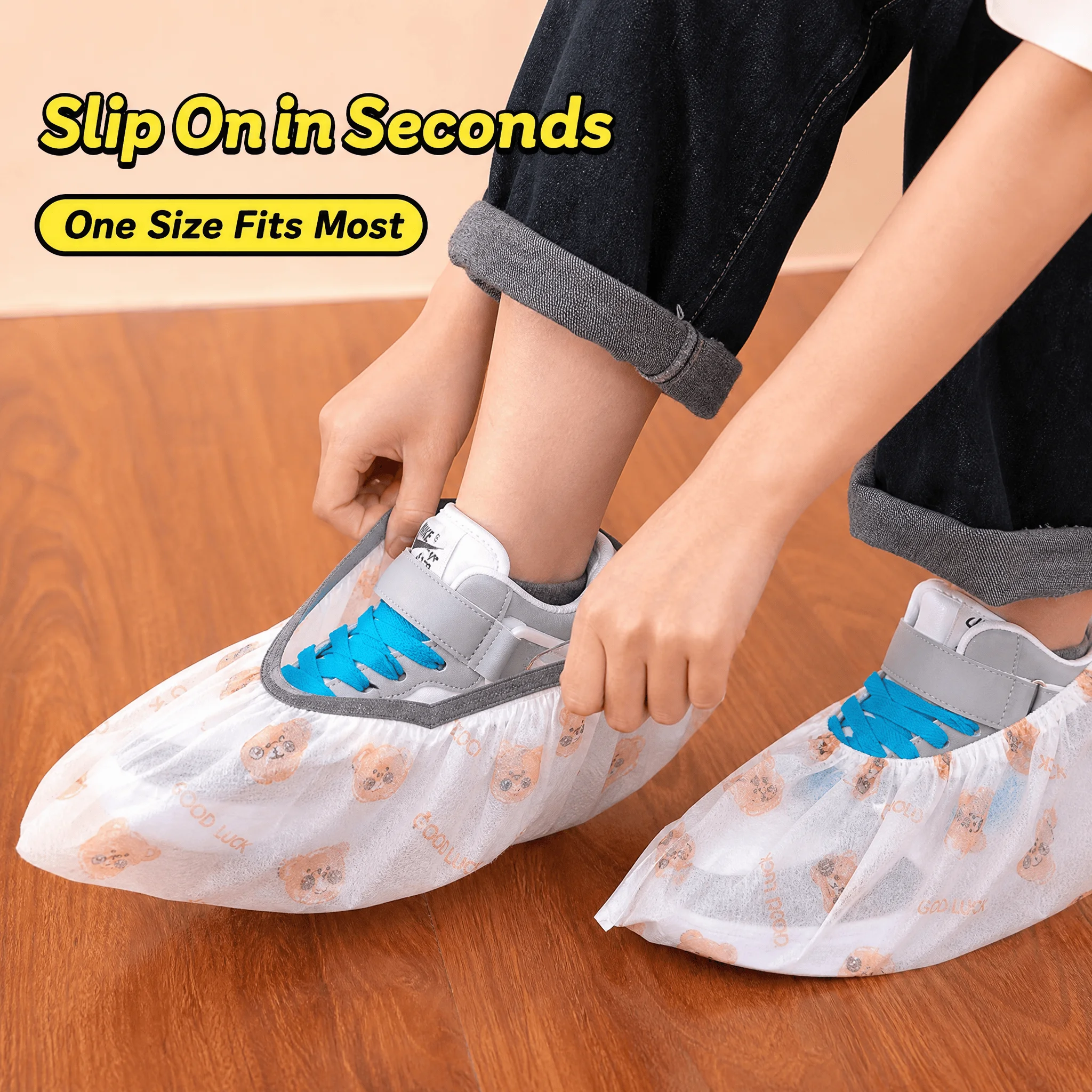50Pcs Reusable Shoe Covers, Thickened Non-Woven Fabric Cartoon Bear Print Shoe Booties, Washable Double Elastic Shoe Covers for Home Floor Carpet Protection