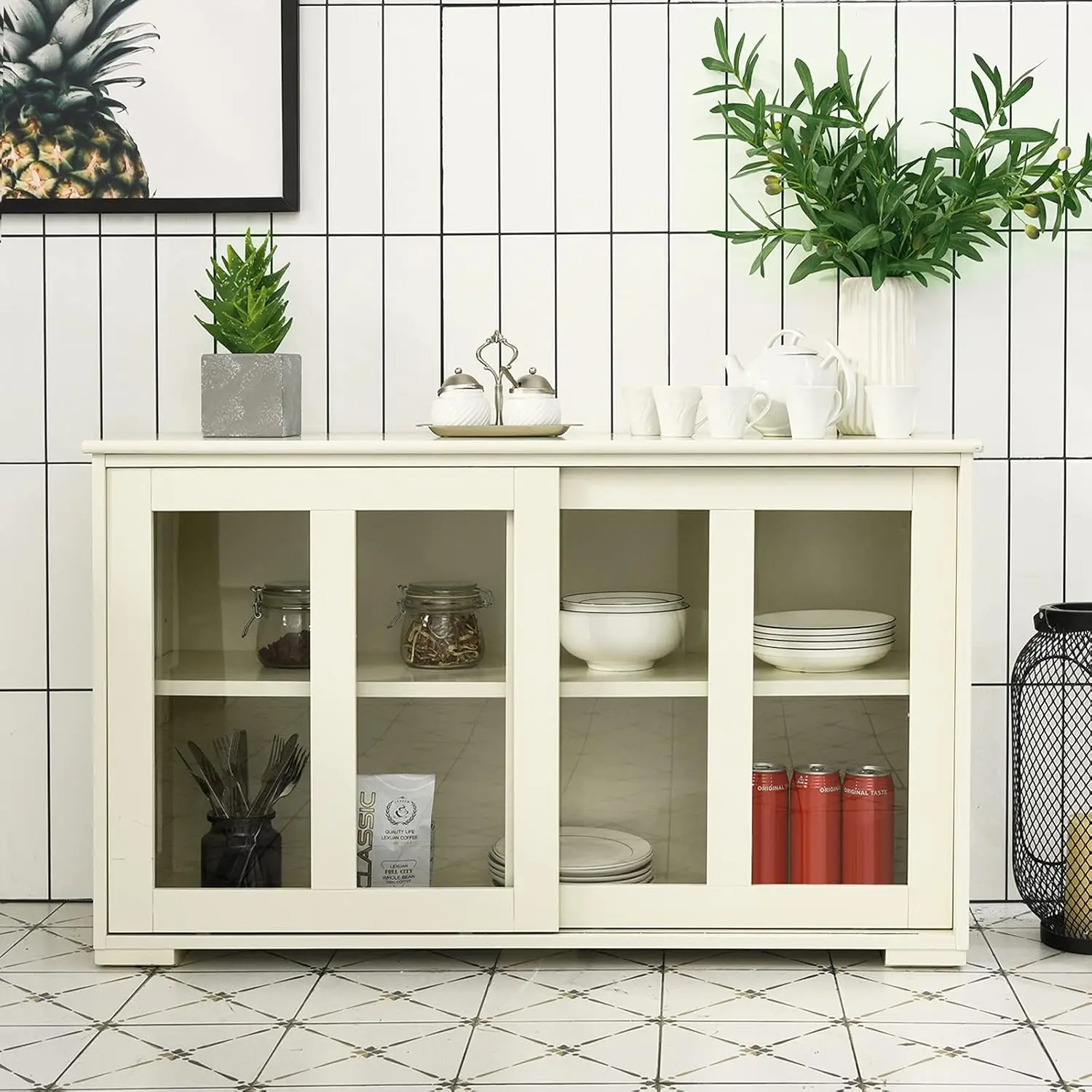#Wooden Buffet Cabinet with Adjustable Shelf & Sliding Doors, Kitchen Storage Console for Dining Living Hallway