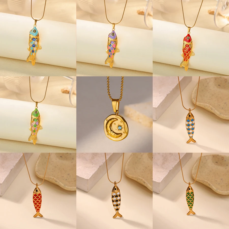 

Colored Enamel Fish Pendant Necklace for Women Men Rope Snake Chain Necklaces Ocean Stainless Steel Jewelry Lucky Jewish collar
