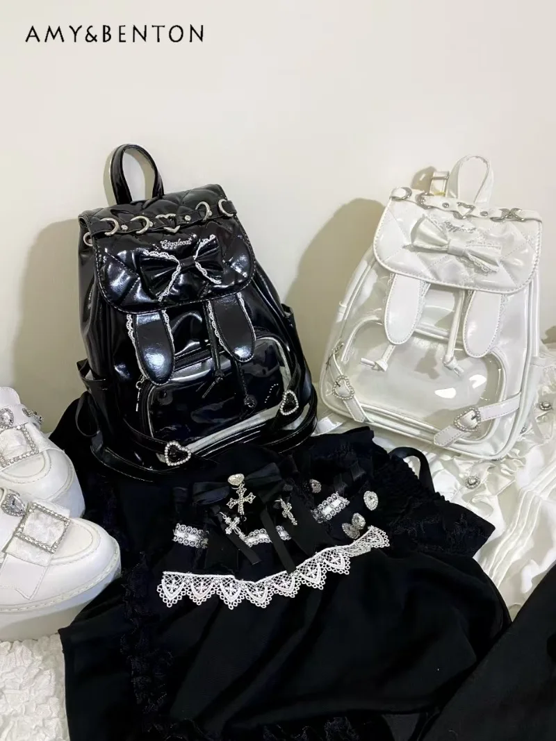 Japanese Lolita Mine Series Lace Bunny Ear Backpack Small Capacity Itabag Women Cute Bow Heart Rhinestone Buckle Kawaii Backpack