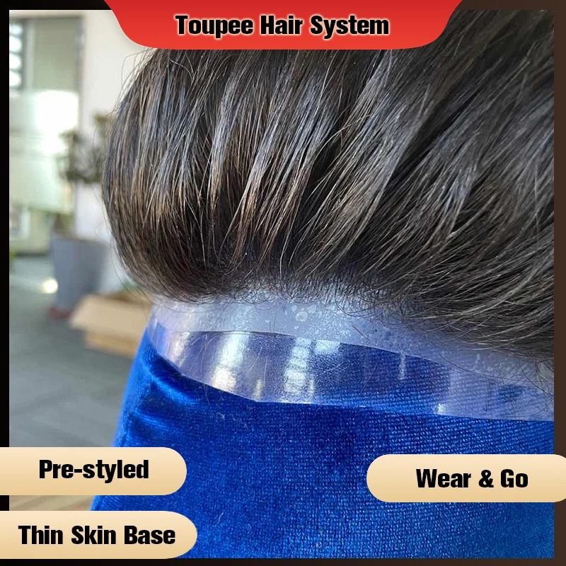 Thin Skin Men Toupee Pre Styled Slicked Back 0.04mm 0.06mm Human Hair Men Wig Hair Replacement Systems Hair Piece Protesis Male