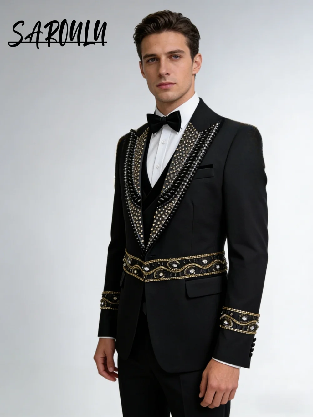 

Men's Slim Fit Black Three Piece Suit Rhinestone & Gold Trim Formal Tuxedo Prom Wedding Gala Party Luxury Dinner Dancing Set