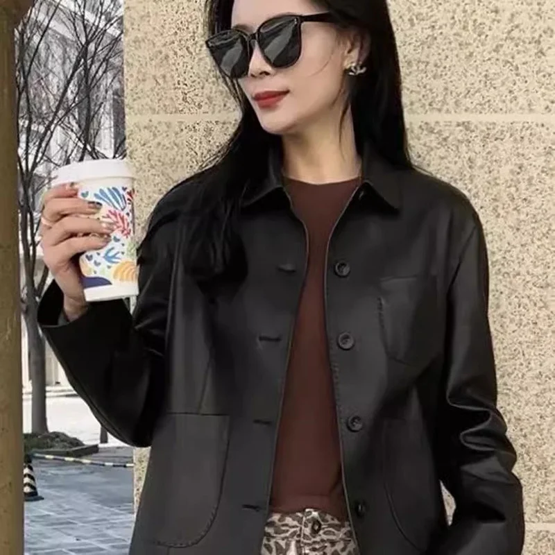 2026 Spring Autumn New Fashion Beautiful Leather Jackets Top Women's Leather Coat Lapel Collar Short Motorcycle Jacket Outerwear