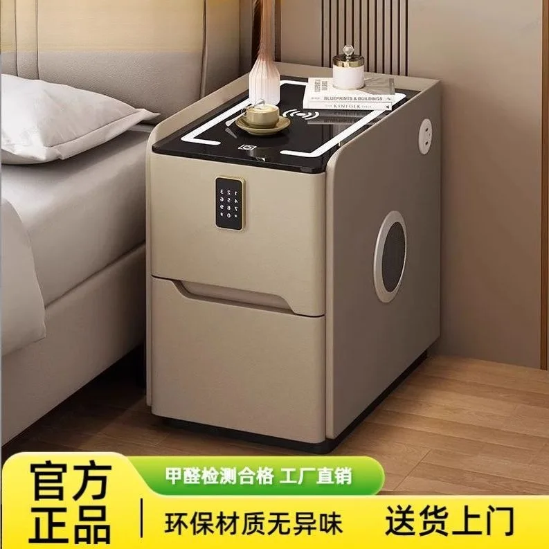 All solid wood free installation bedside table small bedroom floor-to-ceiling ultra-narrow leather bedside table light luxury