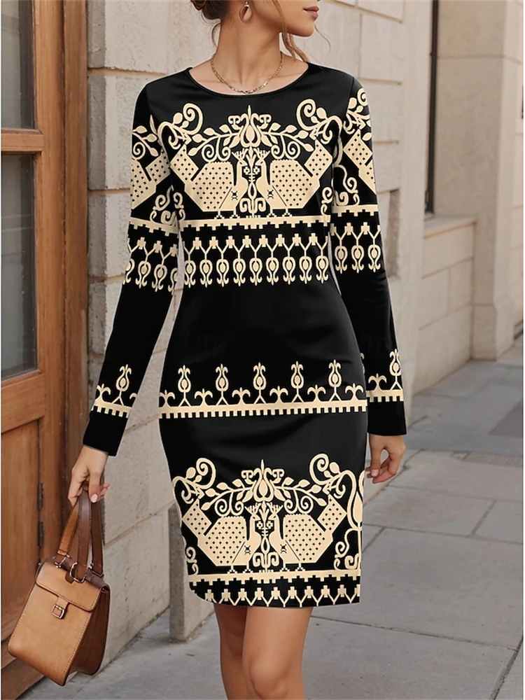 

Fashion Exquisite Women's Dresses Simple Printed Long Sleeve Women's Dresses Elegant Black Women's Long Dresses Pullover 2025