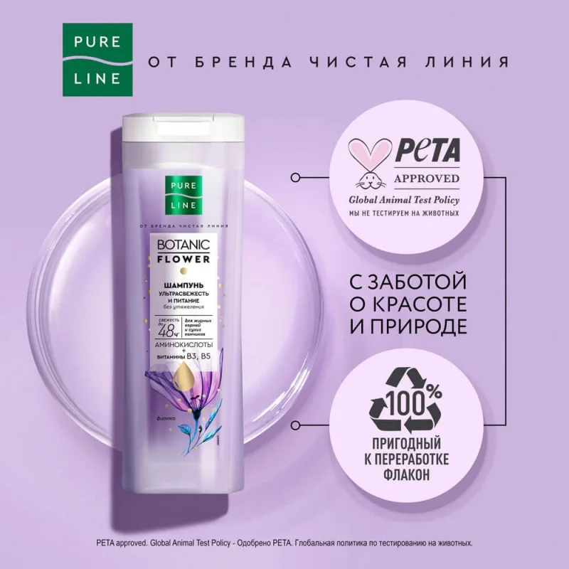 

Шампунь Russian Clean Line Violet 400 мл - Аминокислотная формула с цветочным ароматом для питания волос