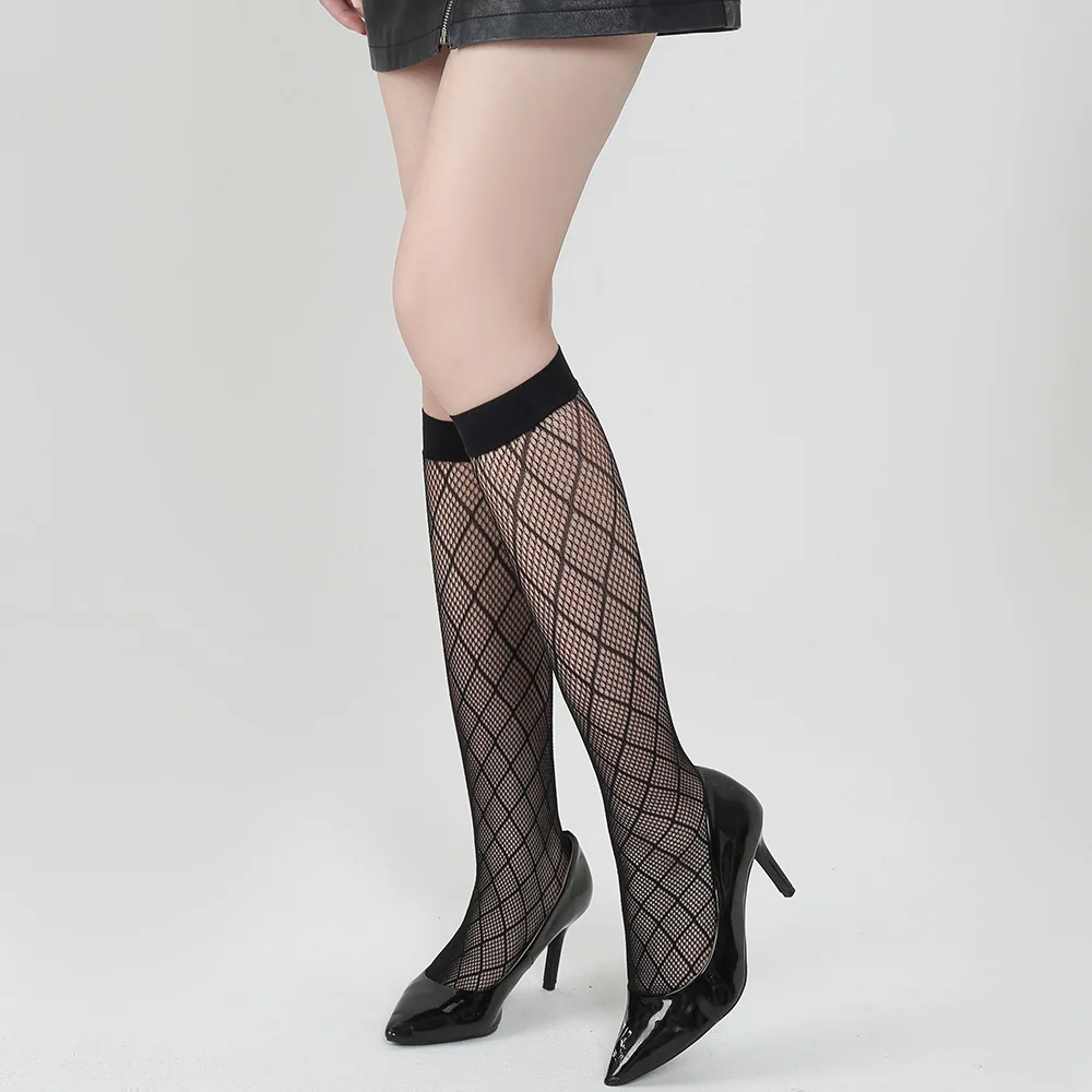DOIAESKV Fishnet Socks Women Mesh Lace Knee Socks Sexy Ladies Long Socks Transparent Woman Summer High Socks Black Streetwear